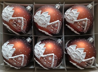 KOULE, SKLENĚNÁ, HLADKÁ, HNĚDÝ MAT, BÍLÝ DEKOR