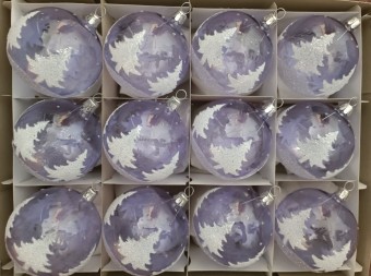 KOULE, SKLENĚNÁ VÁNOČNÍ OZDOBA, PRŮHLEDNÁ, SV. FIALOVÁ, MOTIV STROMŮ