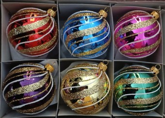 KOULE, SKLENĚNÁ VÁNOČNÍ OZDOBA, BAREVNÁ, LESK, ZLATÝ DEKOR