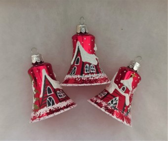 ZVONEK, SKLENĚNÁ VÁNOČNÍ OZDOBA, ČERVENÝ, LESK, ZIMNÍ MOTIV