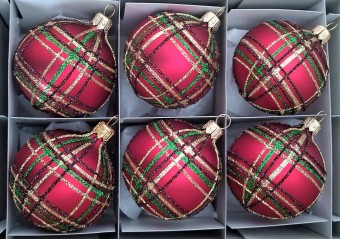 KOULE, skleněná, červený mat, dekor káro