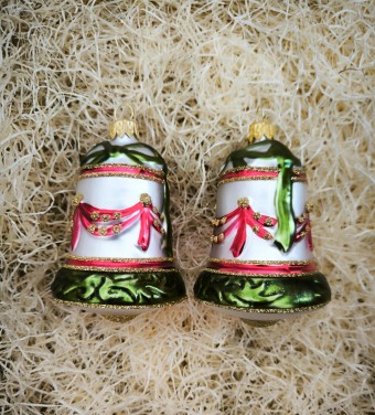 ZVON S RELIÉFEM, SKLENĚNÁ VÁNOČNÍ OZDOBA, ČERVENÁ MAŠLE, BAREVNÝ DEKOR