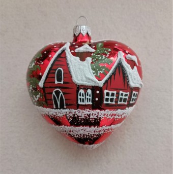 SRDCE VELKÉ, SKLENĚNÁ VÁNOČNÍ OZDOBA, ČERVENÉ, LESK, ZIMNÍ MOTIV