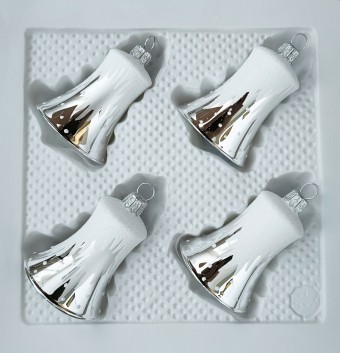 ZVONEK, SKLENĚNÁ VÁNOČNÍ OZDOBA, STŘÍBRNÝ, BÍLÝ DEKOR