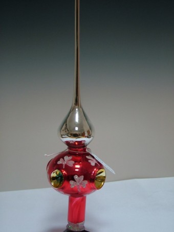 ŠPICE 1-KULOVÁ, 4x PÍCHANÉ REFLEKTORY, STŘÍBRNÁ, LESK, ČERVENÝ DEKOR S TROJLÍSTKY