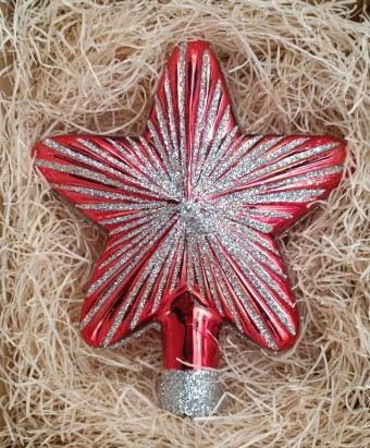 ŠPICE HVĚZDA, SKLENĚNÁ, FORMA, ČERVENÁ, LESK, STŘÍBRNÝ DEKOR, ŠATON