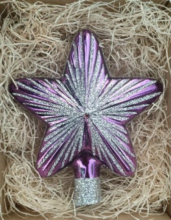 ŠPICE HVĚZDA, SKLENĚNÁ, FORMA, FIALOVÁ, LESK, STŘÍBRNÝ DEKOR, ŠATON