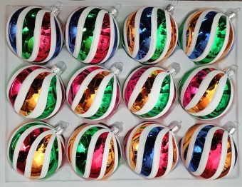 KOULE/SORTIMENT VARIANT, skleněná, stříbrná, retro barevný dekor 12 ks