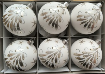 KOULE, SKLENĚNÁ, BÍLÁ SKOŘÁPKA, STŘÍBRNÝ DEKOR