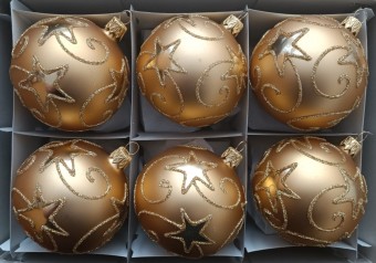 KOULE, SKLENĚNÁ, HLADKÁ, ZLATÁ, MAT, ZLATÝ DEKOR HVĚZD