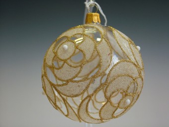 KOULE, SKLENĚNÁ, HLADKÁ, ČIRÁ, CELOPLOŠNÝ ZLATÝ DEKOR S PERLAMI